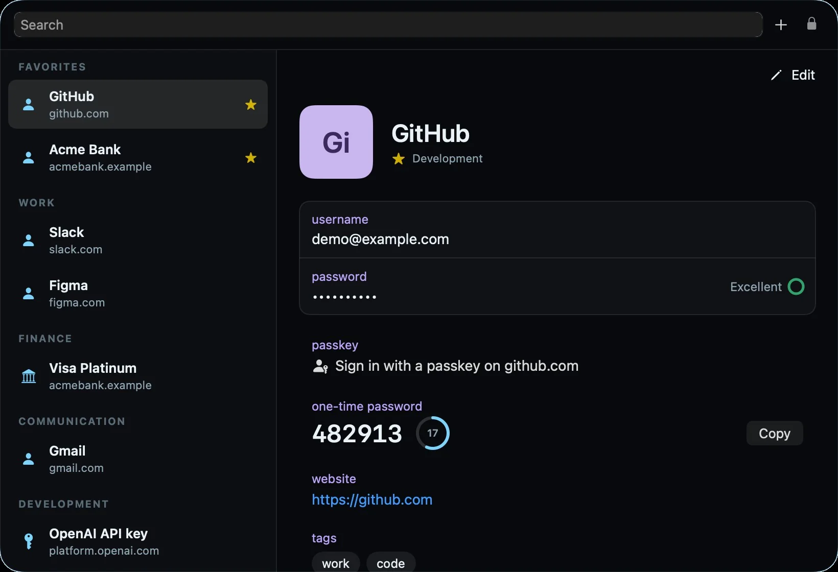 The vault on Mac: items by category, with a GitHub login, a passkey and a two-factor code counting down.